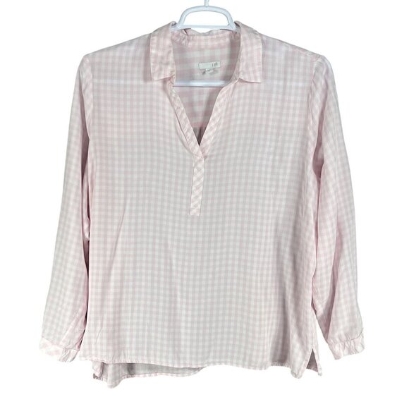 J Jill Womens XL Pink Gingham Popover Blouse Notch Neckline Clean Girl Feminine - Picture 9 of 16